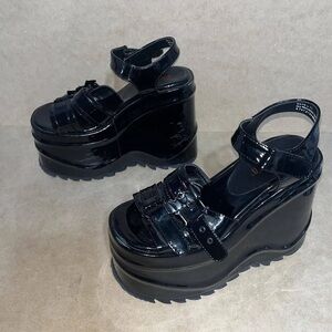 Demonia Black Patent Platform Wedge Sandals
